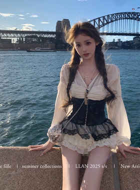 你的懒懒llan【拜占庭】宫廷风性感V领上衣+半裙+鱼骨腰封套装女