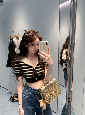 你的懒懒llan 清纯校花 海军领短袖针织上衣条纹T恤女春夏新款