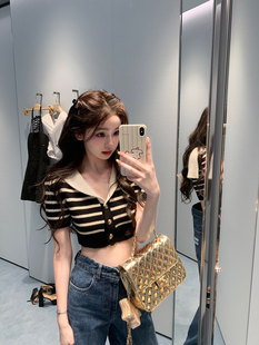 你的懒懒llan 清纯校花 海军领短袖针织上衣条纹T恤女春夏新款