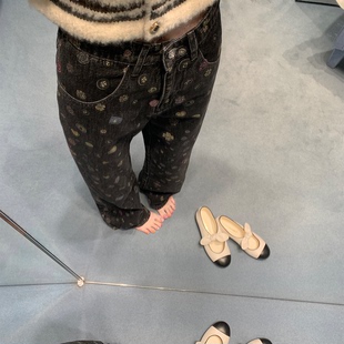 你的懒懒llan【25B私服裤！】版型chao好 涂鸦山茶花印花牛仔裤女
