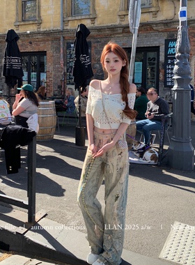 你的懒懒llan【Acn*珍珠蕾丝】蕾丝蝴蝶结美式休闲印花牛仔裤女