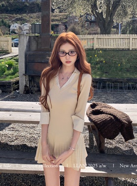 你的懒懒llan【高智少女感】软糯亲肤衬衫领假两件拼接针织连衣裙