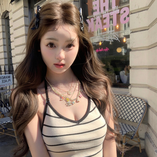 甜美性感两色条纹挂脖针织吊带上衣女 25S娇滴滴 你 懒懒llan