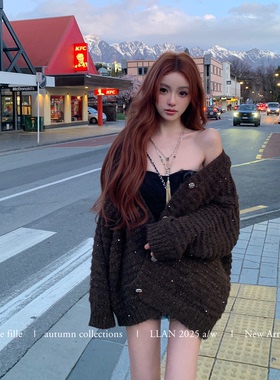 你的懒懒llan【托斯卡纳的秋】朦胧感羊驼毛亮片金丝绞花毛衣外套