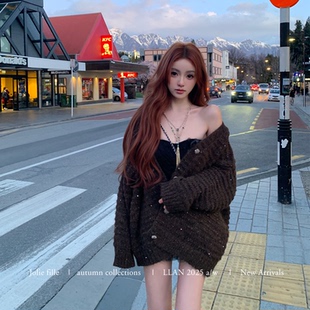 你的懒懒llan【托斯卡纳的秋】朦胧感羊驼毛亮片金丝绞花毛衣外套