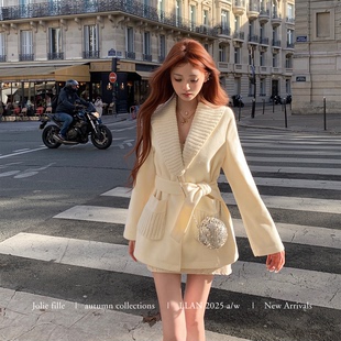 你的懒懒llan【苏黎世大衣】冬日法式加厚针织收腰绑带拼接大衣