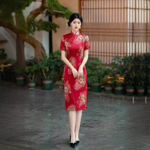 2026新款春夏季中老年女士短袖旗袍仿香云纱烫金中长款复古改良旗