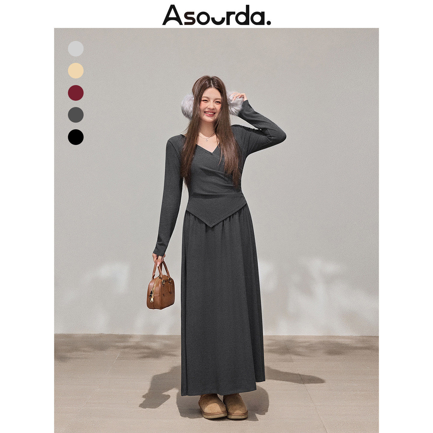 一口苏达张胖胖【维纳斯】假两件长裙大码修身长袖加绒黑色连衣裙