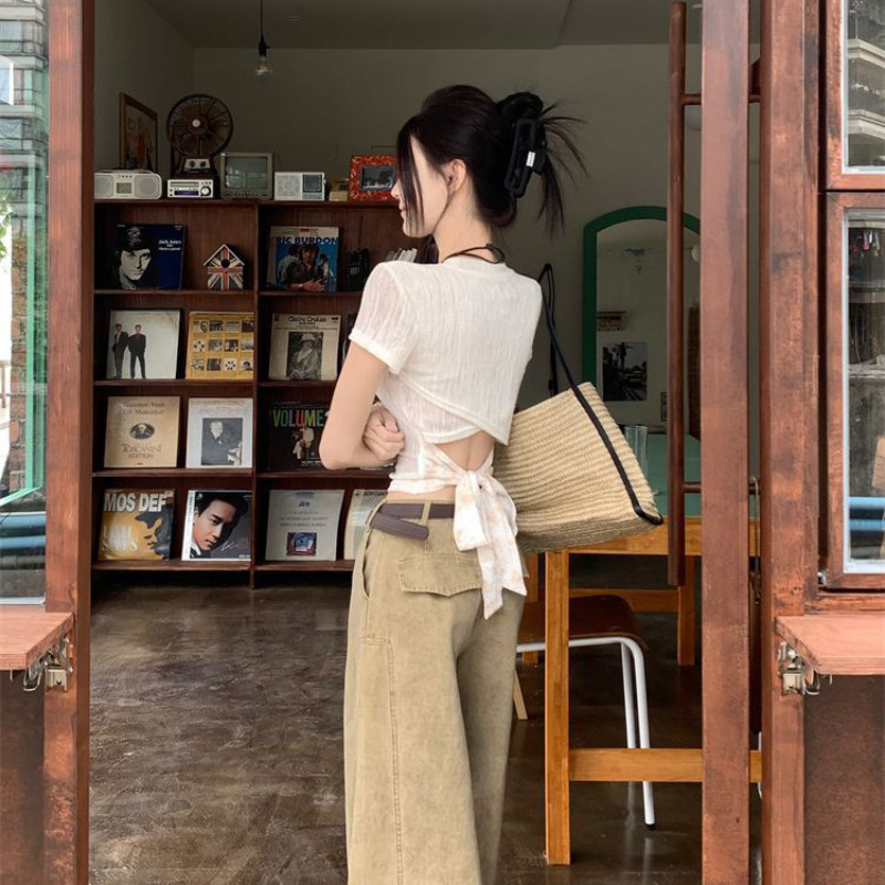 实拍 夏季辣妹后背镂空绑带短袖T恤新款设计感修身显瘦短款上衣女