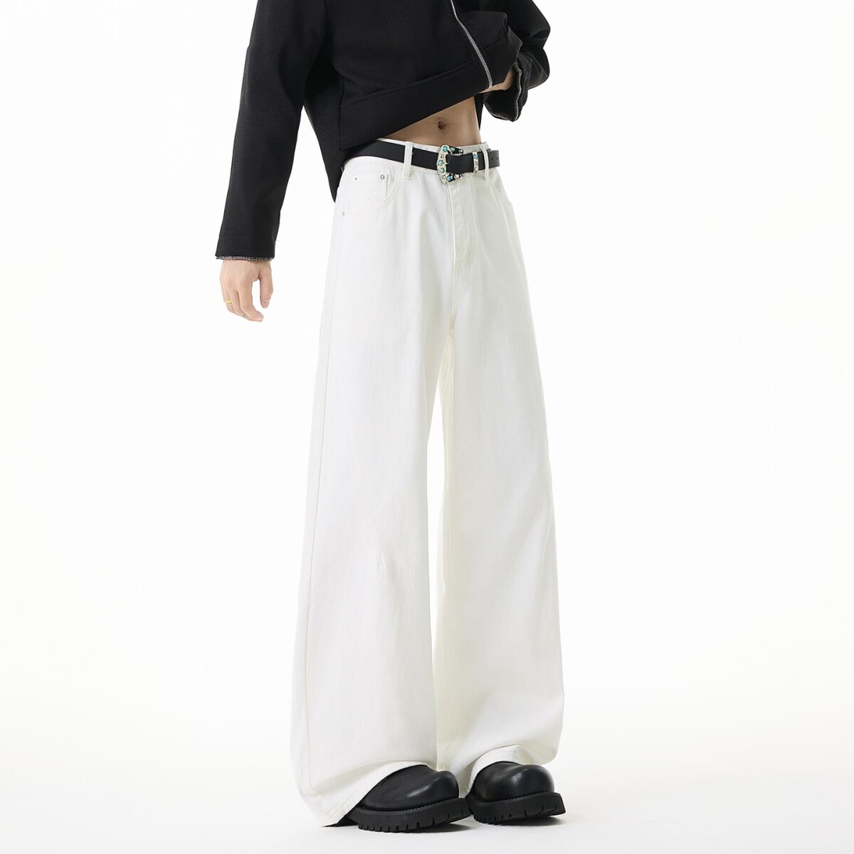 nologo official白色牛仔裤女春夏季男女同款宽松直筒休闲阔腿裤