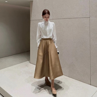 高级女神范气质白色长袖衬衫女装早秋季衬衣修身显瘦百搭立领上衣