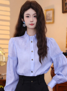 港味复古蓝色长袖衬衫女秋季上衣