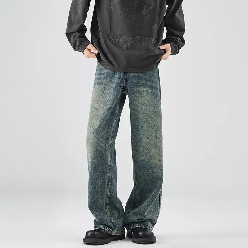 nologo official美式复古阔腿牛仔裤男生潮牌宽松直筒竹节纹长裤