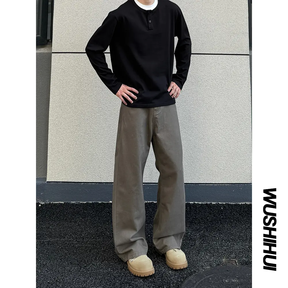 nologo official高盎司水洗阔腿牛仔裤男春夏宽松A字版直筒长裤子