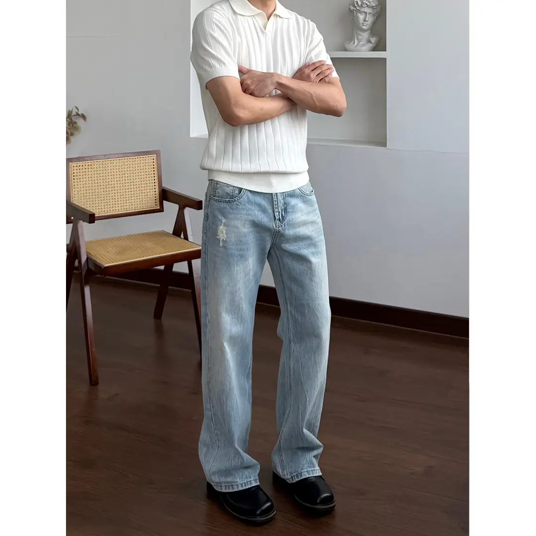 nologo official闪电裂纹水洗蓝牛仔裤男女款直筒破洞微喇叭裤子