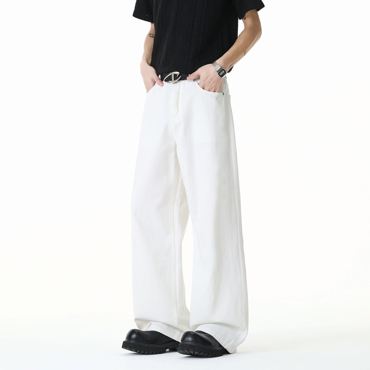 nologo official白色牛仔裤男女春秋潮牌美式高街直筒休闲阔腿裤