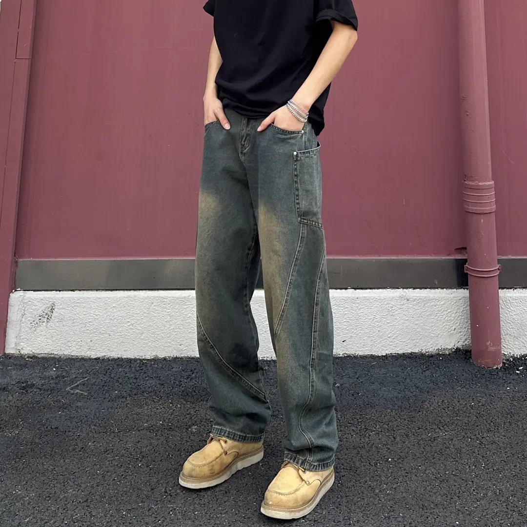 nologo official美式复古弯刀牛仔裤男士潮流宽松直筒阔腿裤春秋