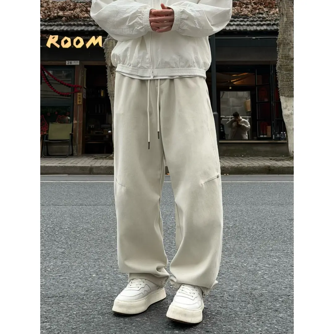 nologo official松紧抽绳棉感阔腿裤男生宽松直筒休闲长裤子春夏