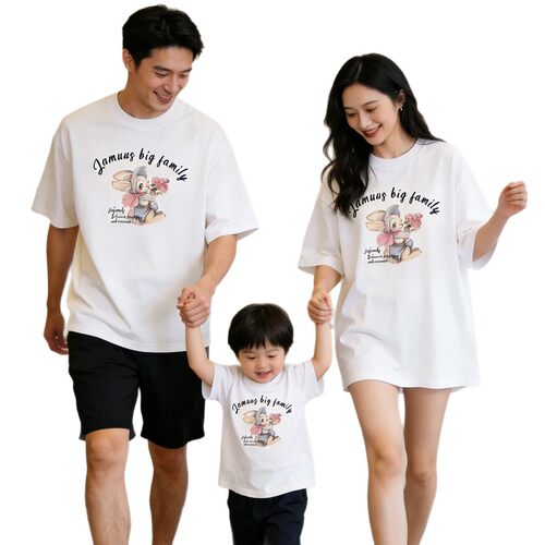 2026新款亲子夏装一家四口炸街婴儿复古小兔子卡通短袖母子T恤母
