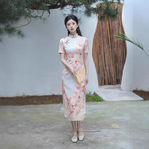 2026新款改良旗袍春季印花茶服年轻款少女中国风长款连衣裙国风高