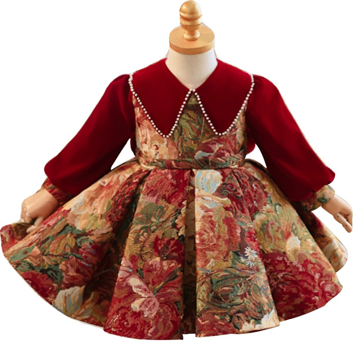 2026新款红色长袖女童礼服拜年公主裙日常花童婚纱连衣裙宝宝周岁图片