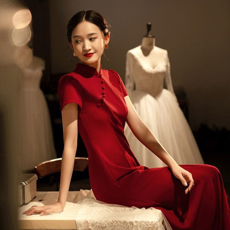 2026新款旗袍敬酒服新娘酒红色鱼尾长款中国风结婚礼服女平时可穿