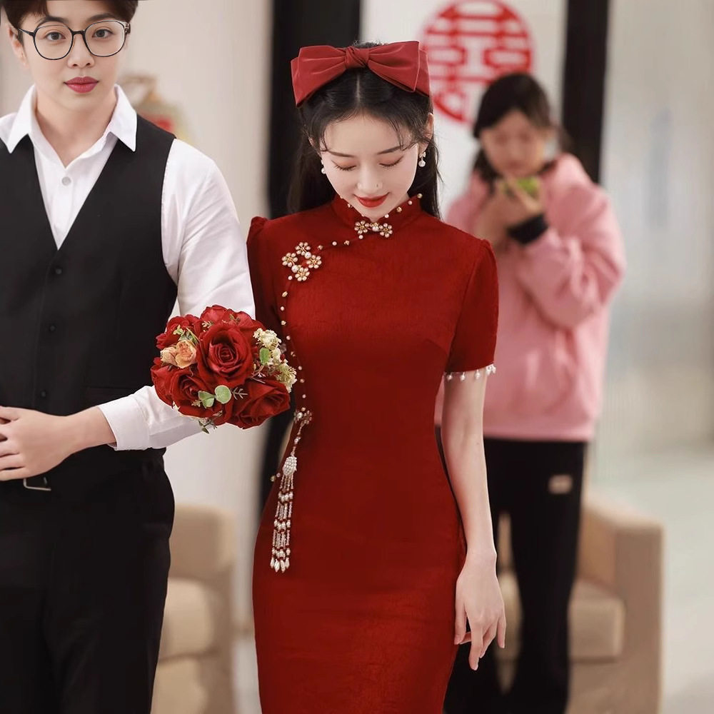 2026新款新中式国风结婚婚礼用订婚敬酒服新娘回门连衣裙长裙旗袍 - 实物图
