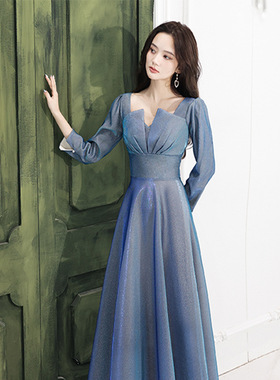 2026新款晚礼服裙女宴会气质轻奢小众轻奢感感长袖法式晚宴蓝色主