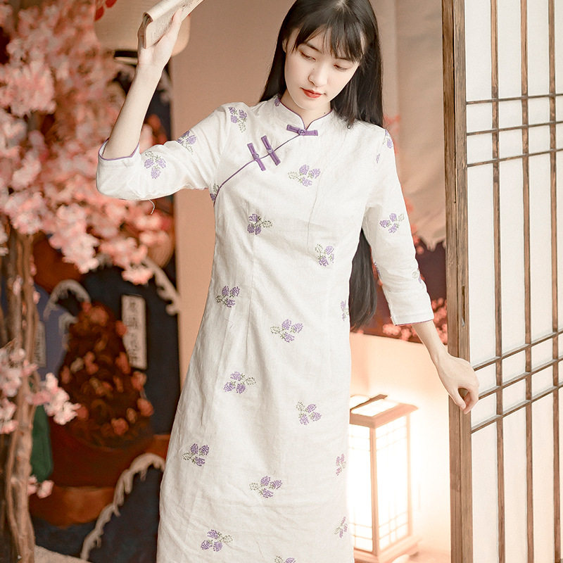 2026新款乙默春秋绣花旗袍裙棉麻文艺修身改良版A字裙日常复
