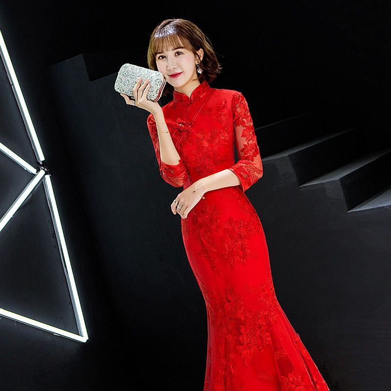 2026新款鱼尾敬酒服旗袍女春季长袖气质长款结婚晚礼服修身中国风