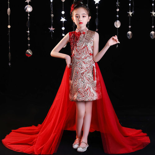 2026新款旗袍儿童礼服裙走秀旗袍红色国潮中国风主持人女童演出服