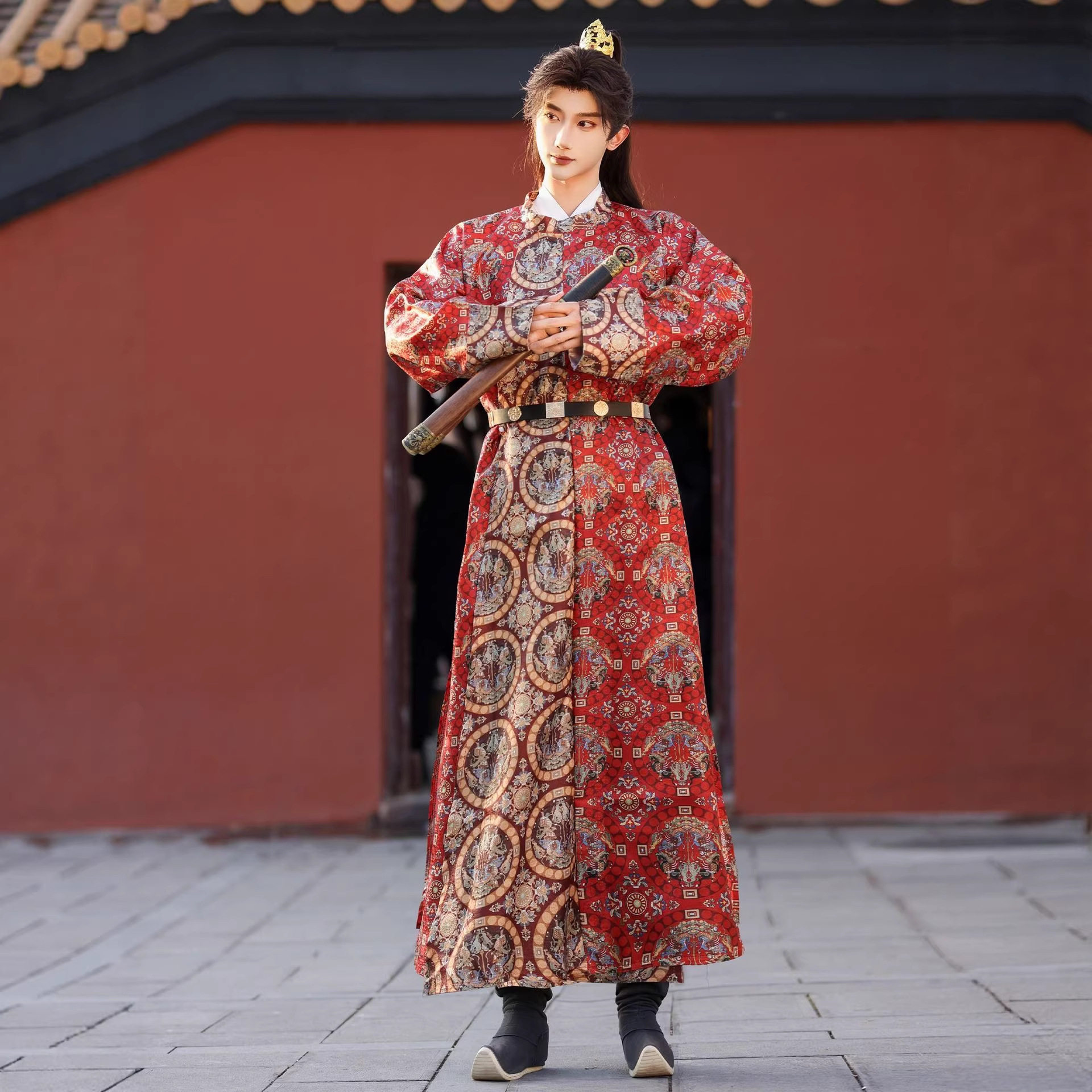 2026新款原创汉服唐制圆领袍春夏提花印花缺跨袍男装敦煌色武侠风