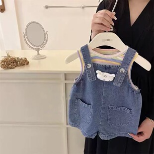 2026新款儿童夏季韩版男女童条纹背心牛仔背带短裤套装中小童童装