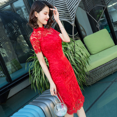 2026新款蕾丝中长款旗袍春夏改良新娘婚礼宴会中式礼服修身旗袍高