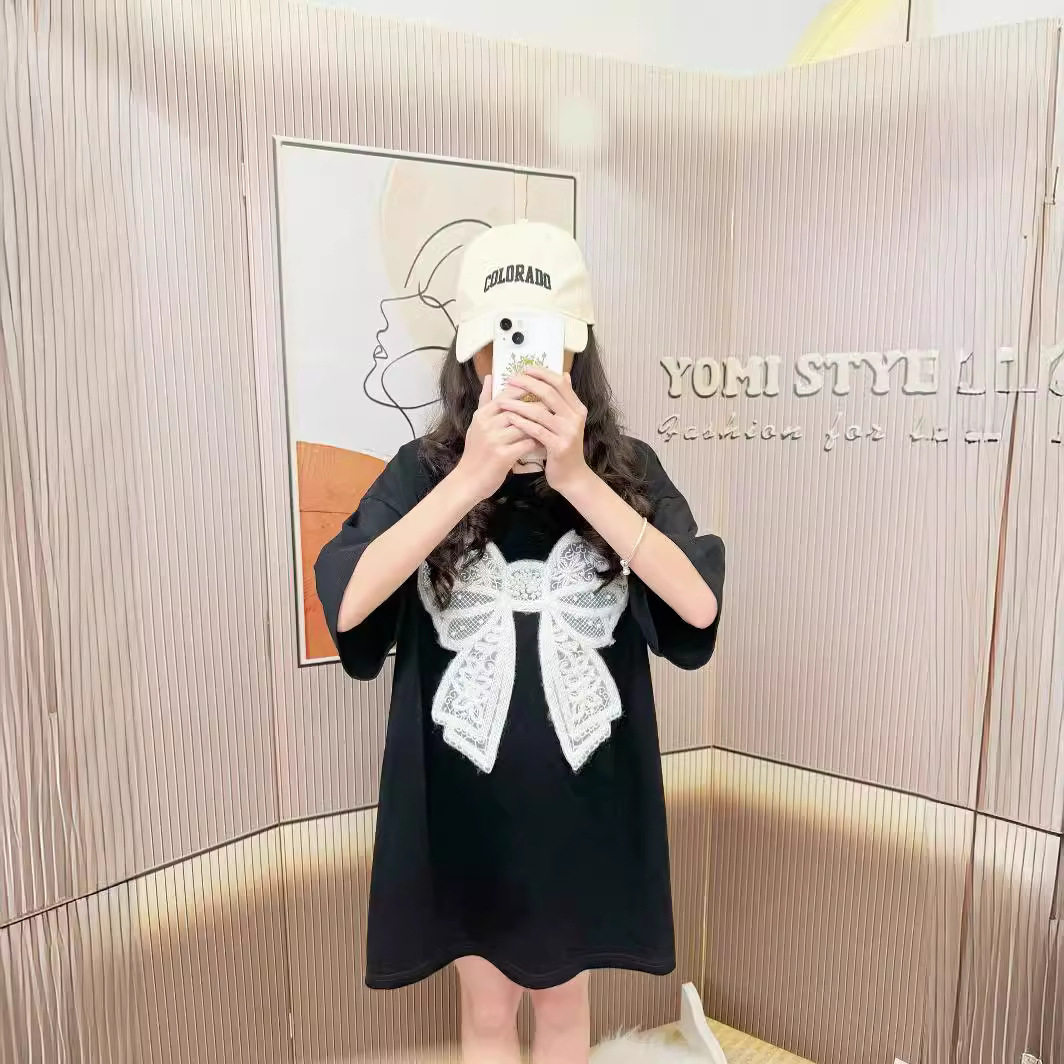 2026新款亲子装短袖夏装立体蝴蝶结黑色显瘦大码休闲时尚母女t恤
