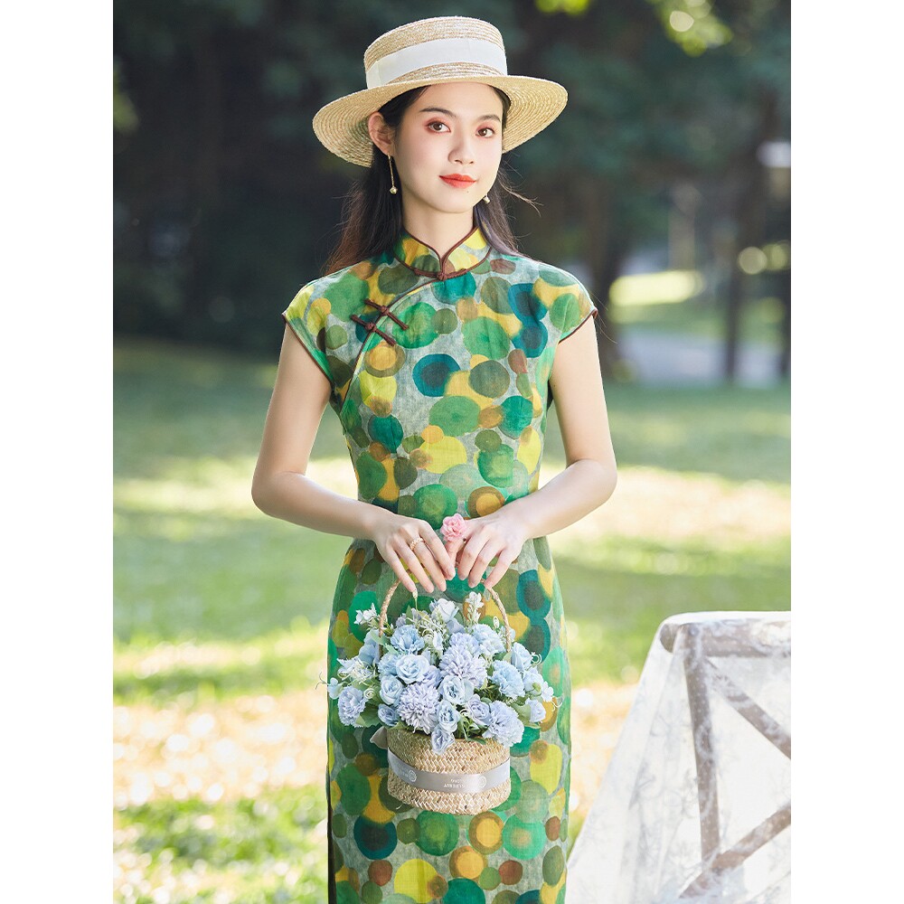 2026新款深圳精品女装复古旗袍中国风年轻款苎麻印花改良连衣裙夏