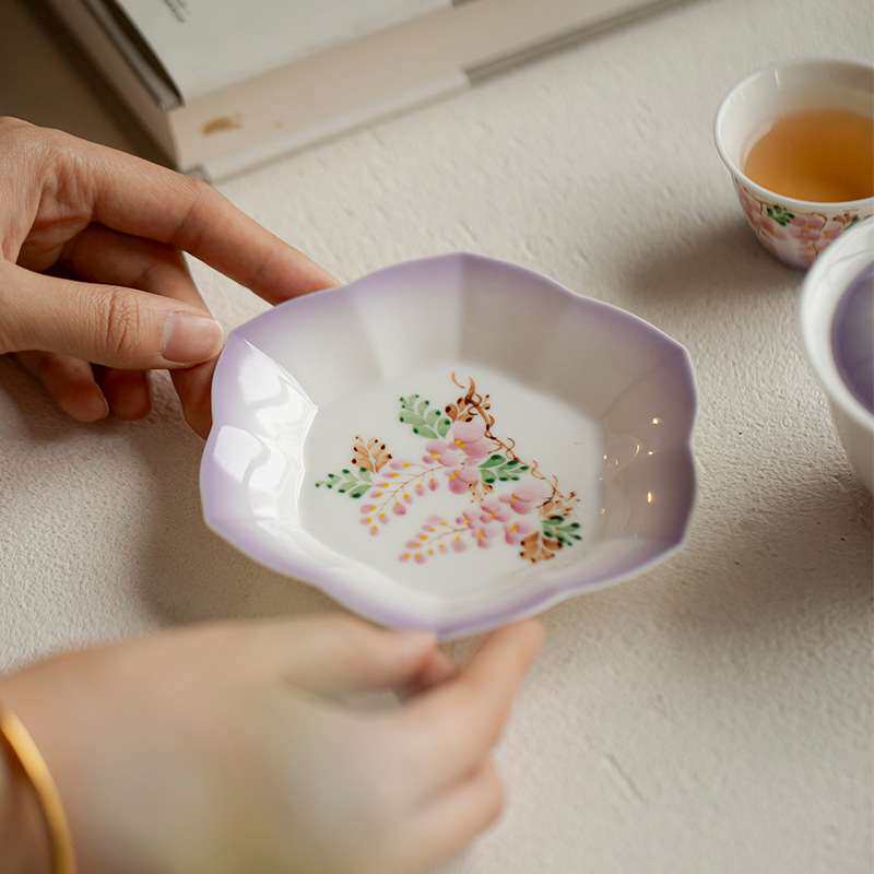 墨己玉泥陶瓷六方壶承茶道配件家用手绘紫藤花干泡盘花口茶点盘