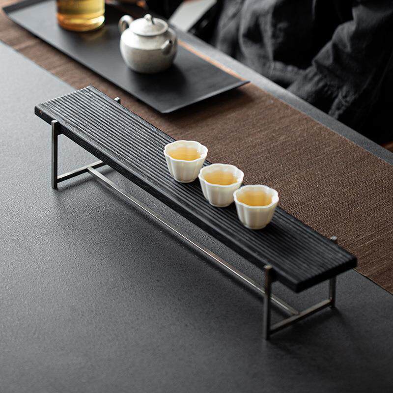 日式不锈钢简约茶具茶杯架展示架收纳小茶几实木托盘置物架