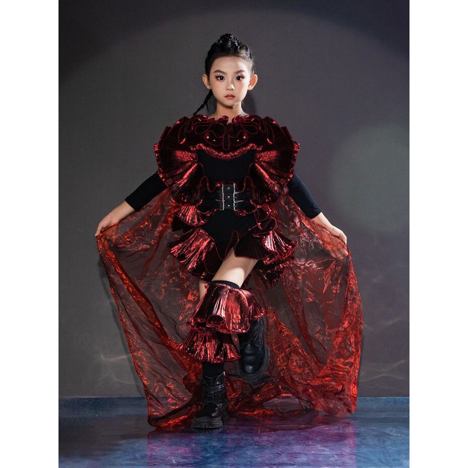 2026新款女童长袖连体衣走秀服潮服T台表演服6拖尾脚套套装8深
