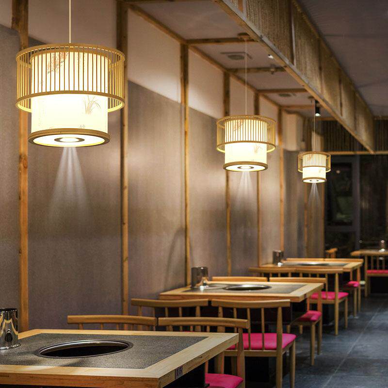 日式餐饮吊灯榻榻米日系和风竹艺灯饰新中式卡座灯餐桌吊灯带射灯