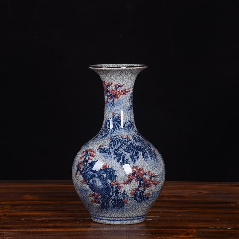 陶瓷工艺品装饰摆件仿古青花山水开片裂纹釉官窑花瓶花插时尚摆件