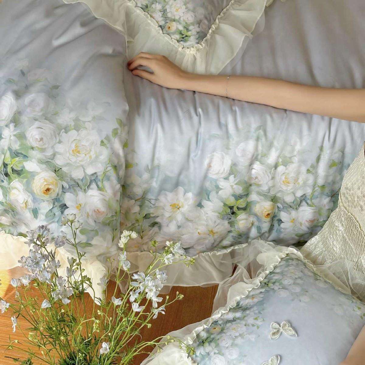 唯美花海印花天丝四件套少女心蕾丝花边立体蝴蝶结床单被套床品