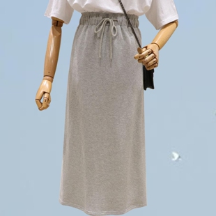 半身裙女春款高腰显瘦遮肚子a字抽绳百搭开叉中长款大码休闲黑色