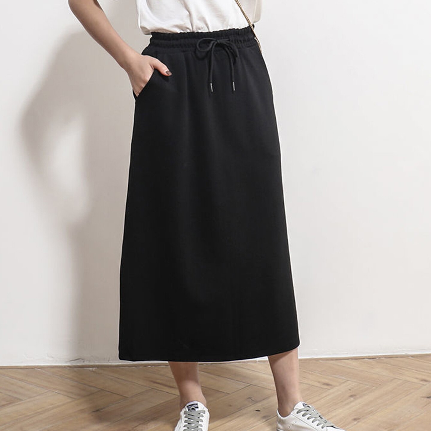 大码休闲半身裙女春季后开叉a字中长款抽绳遮肚子高腰显瘦大摆裙