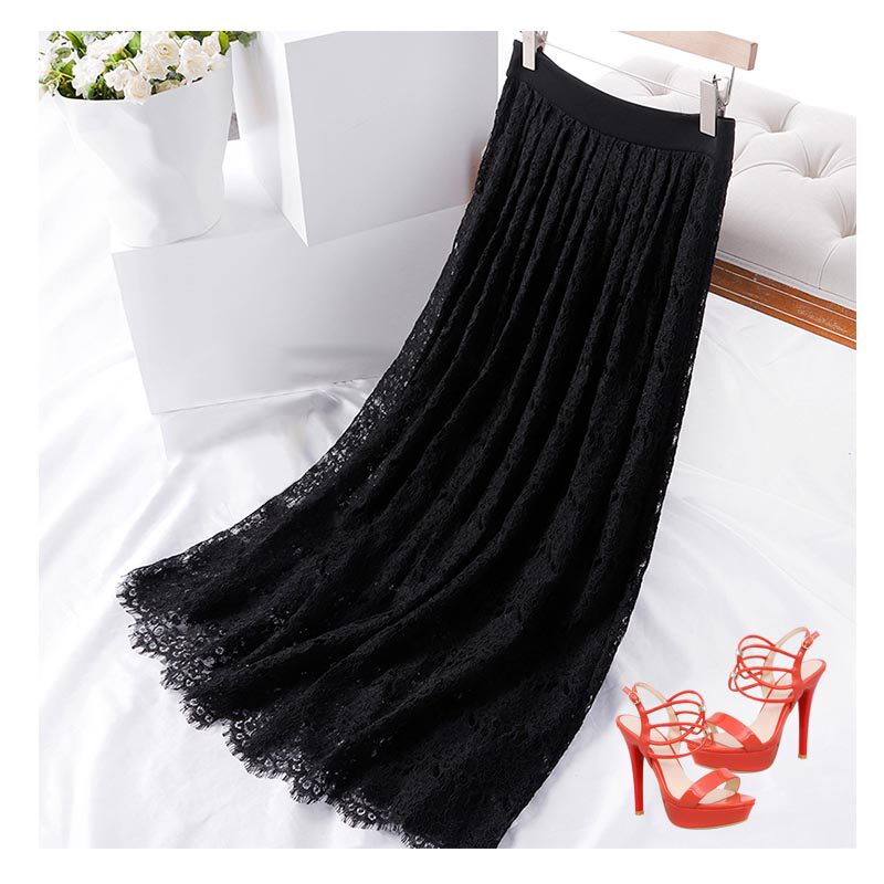 蕾丝半身裙中长款百搭夏季运动高腰显瘦黑色a字休闲大码百褶胖mm