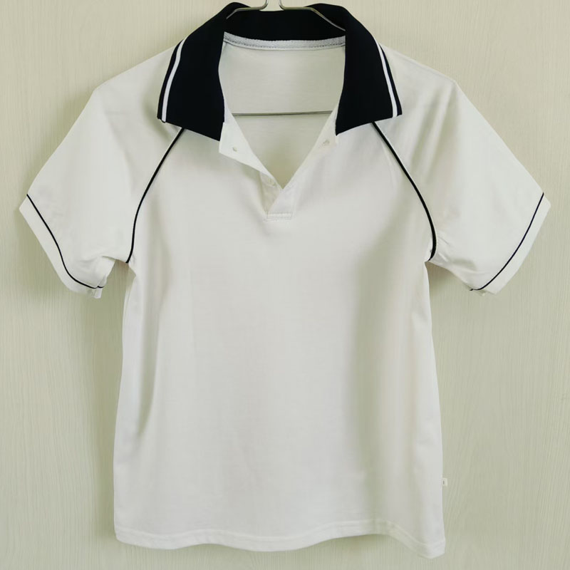 夏白色校服短袖藏蓝领插肩袖缝压黑绳男女通用班服POLO衫T恤上衣