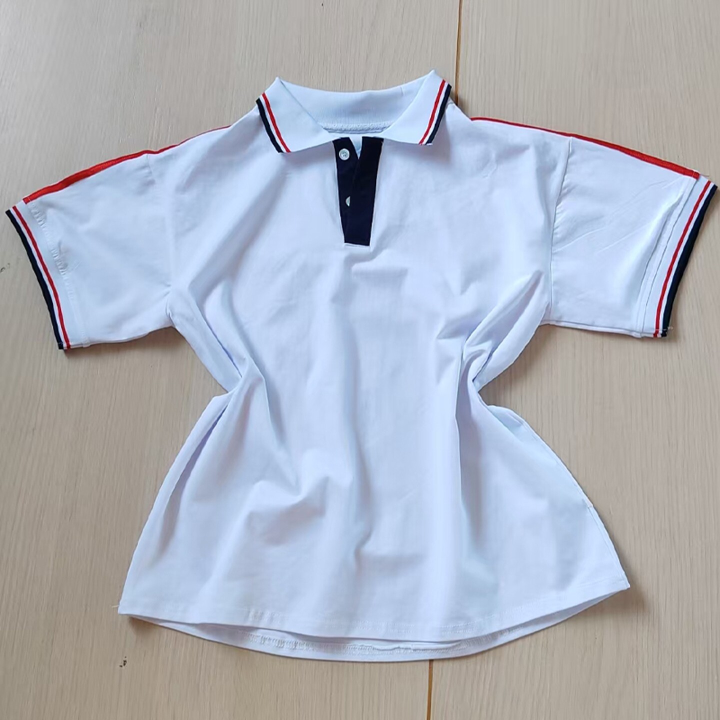 夏季白色校服短袖袖口肩上大红藏蓝2条杠男女通用班服POLO衫上衣