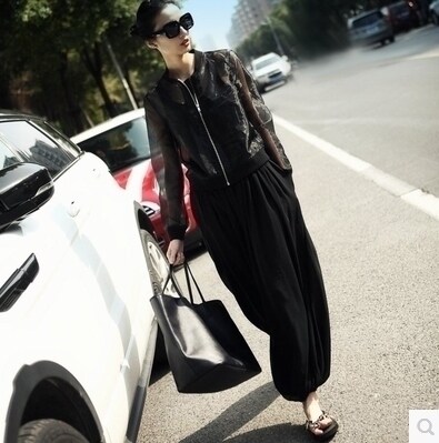 运动休闲裤女春夏ins潮宽松小个子阔腿裤黑色束脚哈伦裤新百搭款