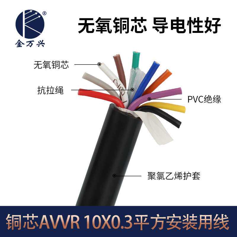 金万兴护套线AVVR安装用10*0.3平方铜芯10芯聚氯乙烯护套软电缆