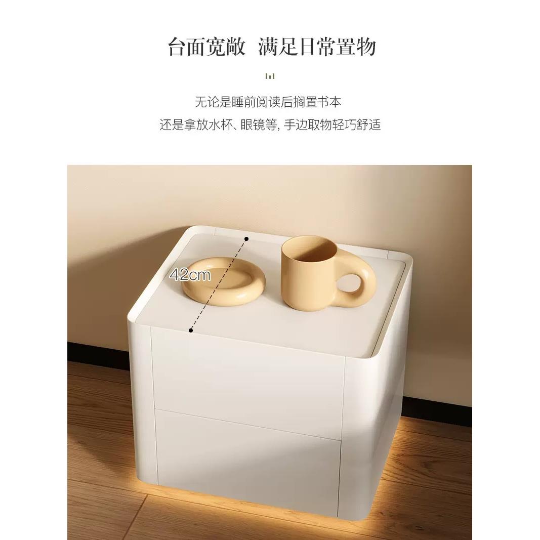 法式床头柜现代简约儿童房智能床头柜安全烤漆收纳柜实木奶油风白